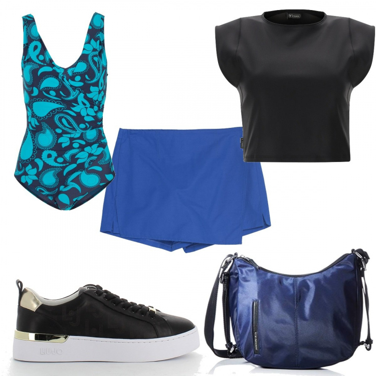 Outfit donna - Blu sporty- chic. Stile Sporty chic per Mare. Abbinamento con costumi interi, minigonne, top, sneakers, zaini.