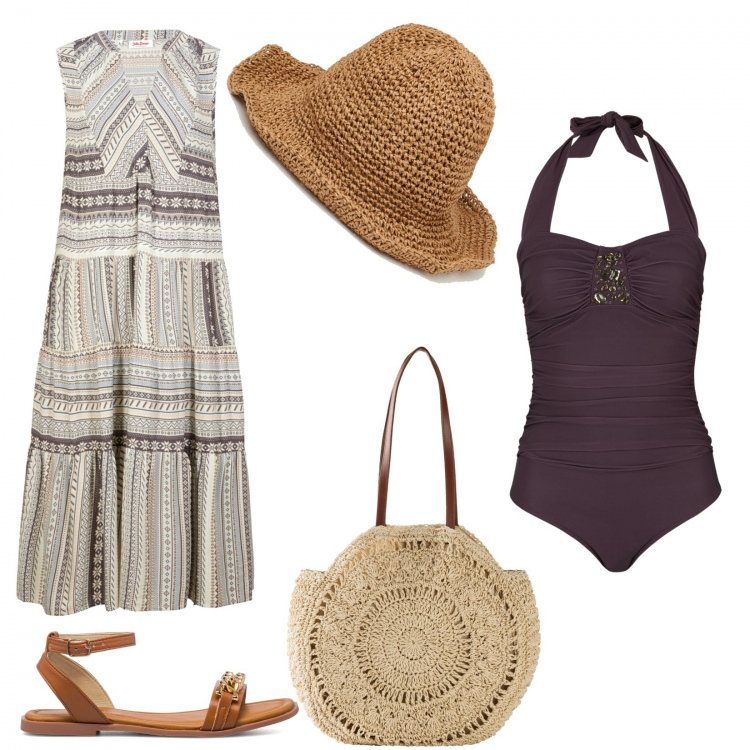 Outfit donna - Al mare!. Stile Casual per Mare. Abbinamento con vestiti, costumi interi, costumi, cappelli con visiera, sandali in pelle.