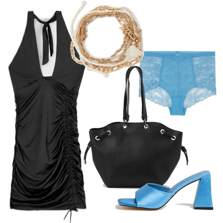Outfit donna - Serata Calliope. Stile Sexy per Serata fuori. Abbinamento con vestiti corti, sandali col tacco, braccialetti, borse a secchiello, slip.