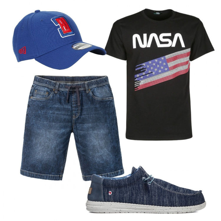 Outfit uomo - Il cappellino blu. Stile Casual per Tutti i giorni. Abbinamento con bermuda, t-shirt, cappelli con visiera, scarpe stringate.