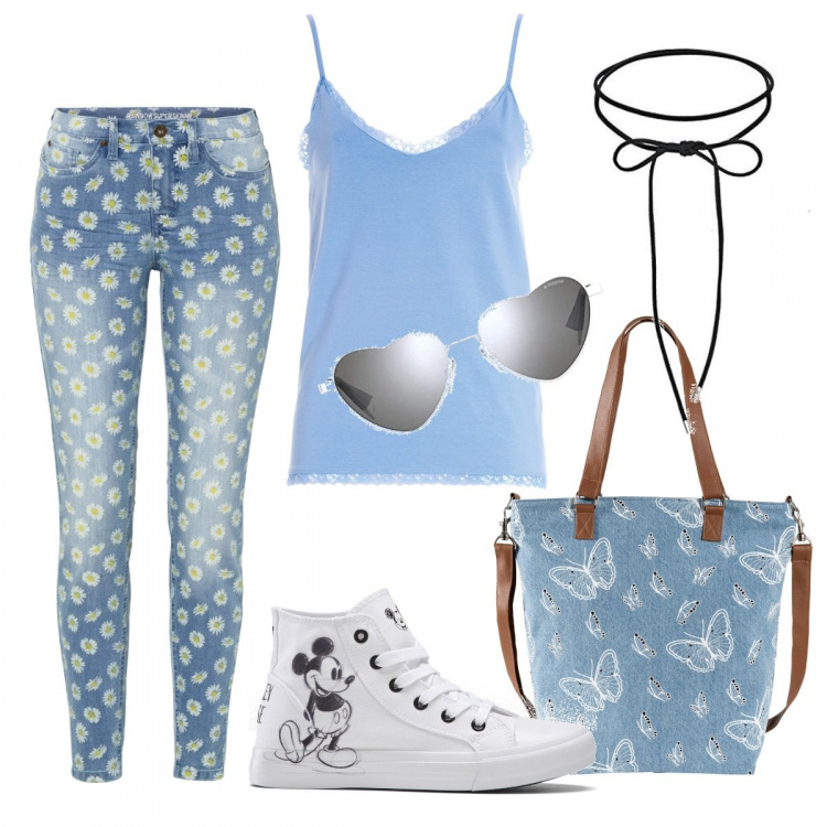 Outfit donna - Margherite e farfalle. Stile Casual per Tutti i giorni. Abbinamento con canottiere, shopping bag, jeans skinny, collane, occhiali da sole, sneakers alte.