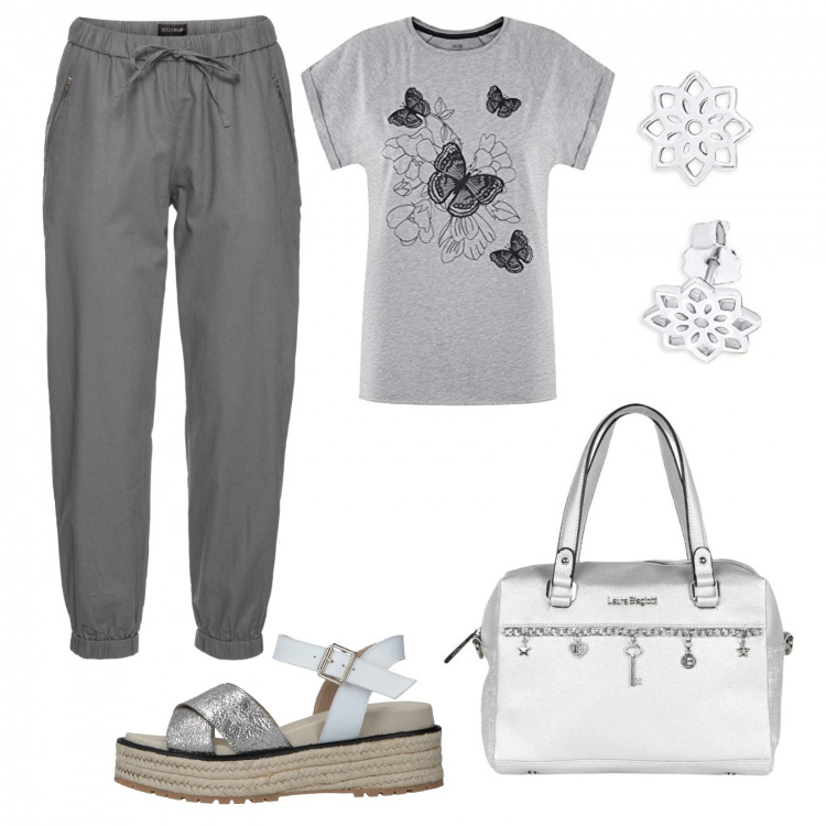 Outfit donna - Una giornata estiva. Stile Basic per Tutti i giorni. Abbinamento con pantaloni, sandali col tacco, borse a mano, t-shirt, orecchini.