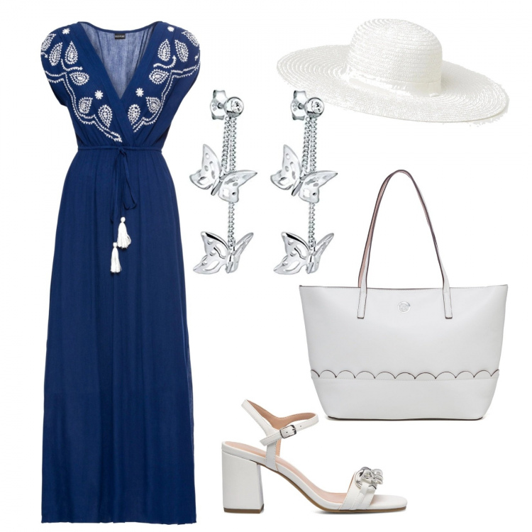Outfit donna - Il cappello sul lungo di giorno. Stile Boho per Tutti i giorni. Abbinamento con vestiti lunghi, cappelli, sandali in pelle, borse a spalla, orecchini.