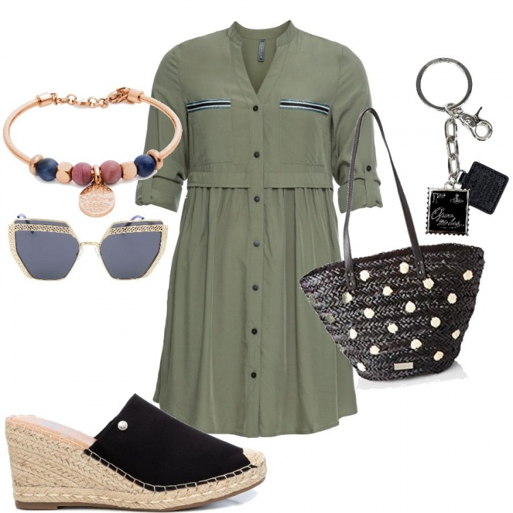 Outfit donna - Le scarpe più veloci da infilare. Stile Casual per Tutti i giorni. Abbinamento con vestiti chemisier, portachiavi, occhiali da sole, sandali col tacco, braccialetti, borse a spalla.