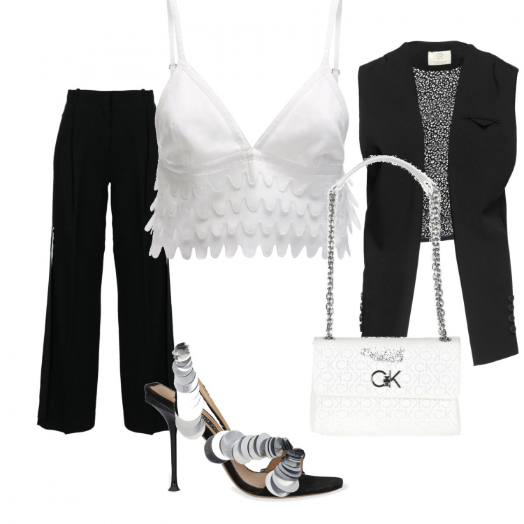 Outfit donna - Total look #1345673. Stile Casual chic per Serata fuori. Abbinamento con top, borse a mano, sandali col tacco, pantaloni, top.