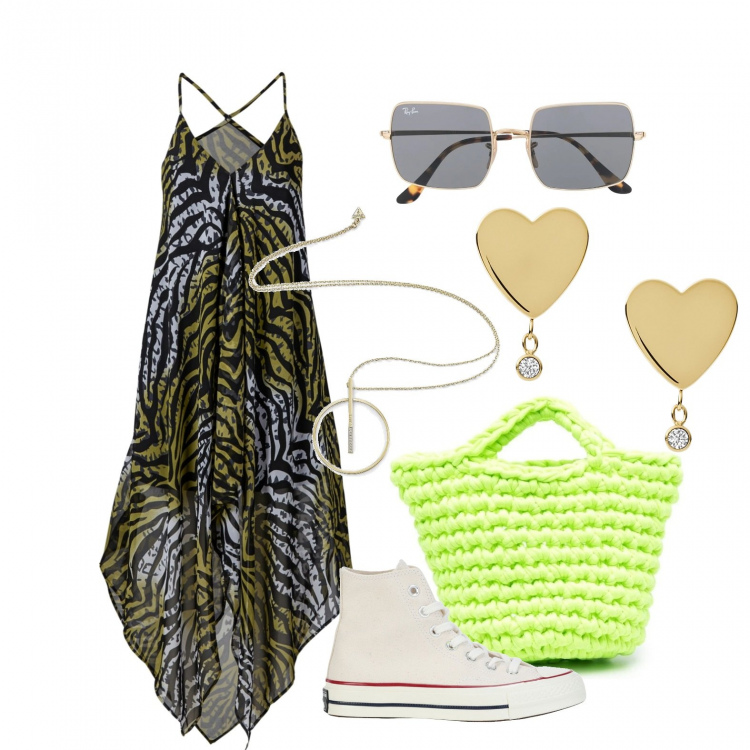 Outfit donna - Come contrastare il caldo. Stile Trendy per Mare. Abbinamento con vestiti da spiaggia, sneakers, ciondoli, orecchini, occhiali da sole, borse tote.