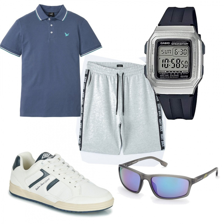 Outfit uomo - La polo blu. Stile Casual per Tutti i giorni. Abbinamento con polo, occhiali da sole, pantaloni corti, sneakers, orologi digitali.