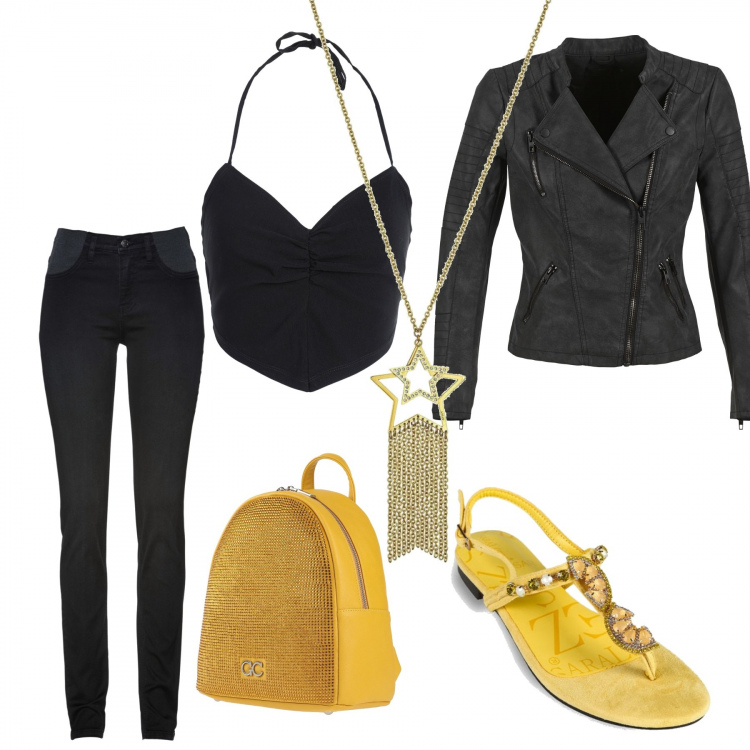 Outfit donna - Stella rock. Stile Casual per Serata fuori. Abbinamento con jeans skinny, zaini, top, collane, sandali gioiello, giacche.