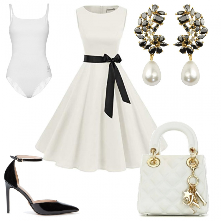 Outfit donna - Ispirazione Chanel. Stile Bon Ton per Serata fuori. Abbinamento con orecchini, borse a mano, scarpe col tacco, body, vestiti senza maniche.
