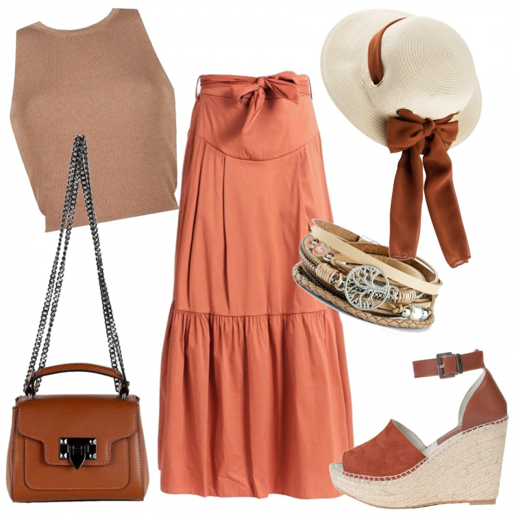 Outfit donna - Country chic. Stile Casual per Tutti i giorni. Abbinamento con braccialetti, cappelli, sandali in pelle, gonne lunghe, top, borse a mano.
