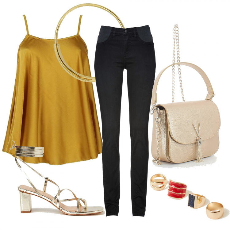 Outfit donna - Allegro Week end. Stile Basic per Tutti i giorni. Abbinamento con jeans skinny, top, sandali alla schiava, anelli, borse a tracolla, orecchini.