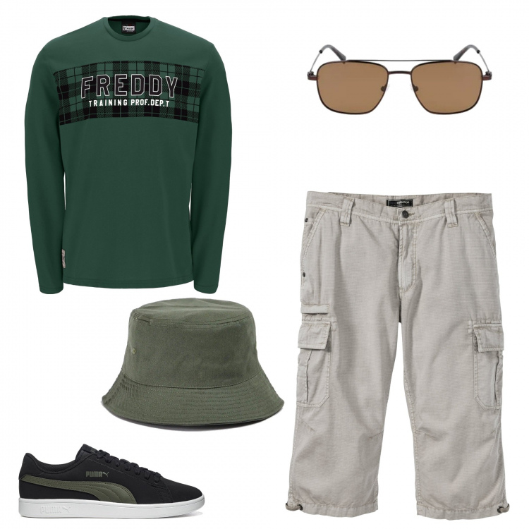Outfit uomo - Casual basico. Stile Casual per Tutti i giorni. Abbinamento con bermuda, cappelli con visiera, t-shirt, sneakers, occhiali da sole.