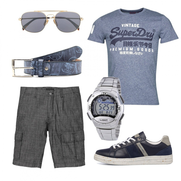 Outfit uomo - Blu denim. Stile Casual per Tutti i giorni. Abbinamento con bermuda, t-shirt, cinture, occhiali da sole, sneakers, orologi digitali.