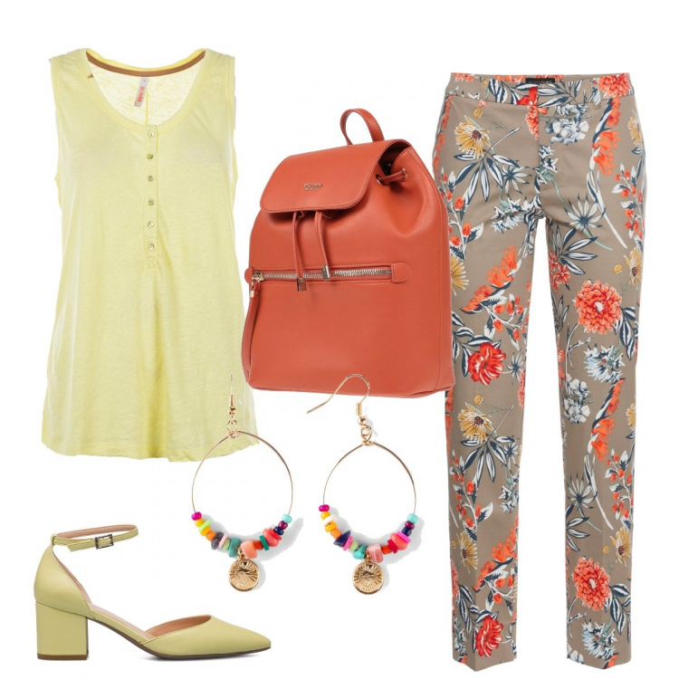 Outfit donna - Ultimi colloqui con i genitori. Stile Casual chic per Scuola/Università. Abbinamento con pantaloni, orecchini, zaini, top, décolleté.