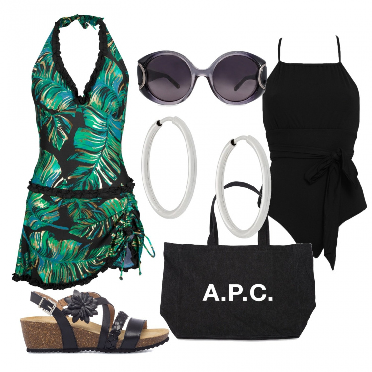 Outfit donna - Al mare. Stile Glamour per Mare. Abbinamento con vestiti da spiaggia, costumi interi, occhiali da sole, orecchini, sandali in pelle, shopping bag.