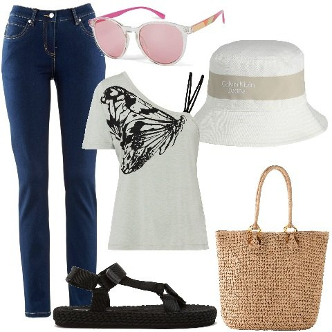 Outfit donna - Denim e... l\'accessorio trendy. Stile Glamour per Tutti i giorni. Abbinamento con jeans dritti, top, shopping bag, cappelli con visiera, sandali, occhiali da sole.