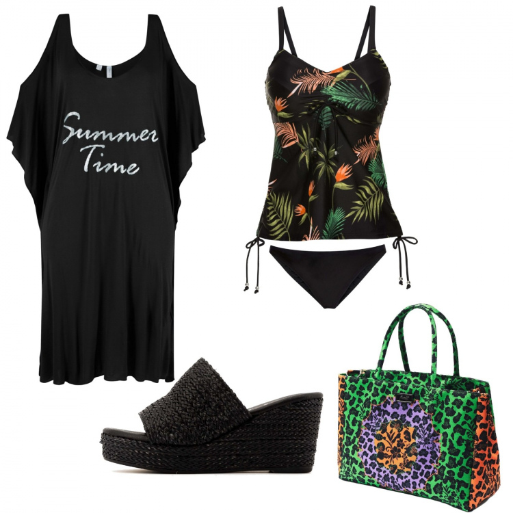 Outfit donna - Tankini fiorato. Stile Trendy per Mare. Abbinamento con vestiti da spiaggia, costumi interi, infradito, borse a mano.