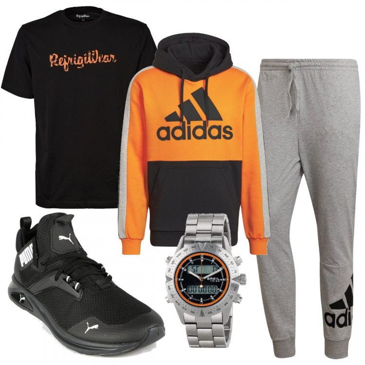 Outfit uomo - Sport con stile. Stile Casual per Sport. Abbinamento con sneakers, t-shirt, felpe con cappuccio, pantaloni, orologi digitali.
