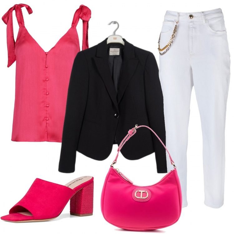Outfit donna - Color geranio per l\'ufficio. Stile Chic per Ufficio. Abbinamento con blazer, camicie, jeans, borse tote, ciabatte.