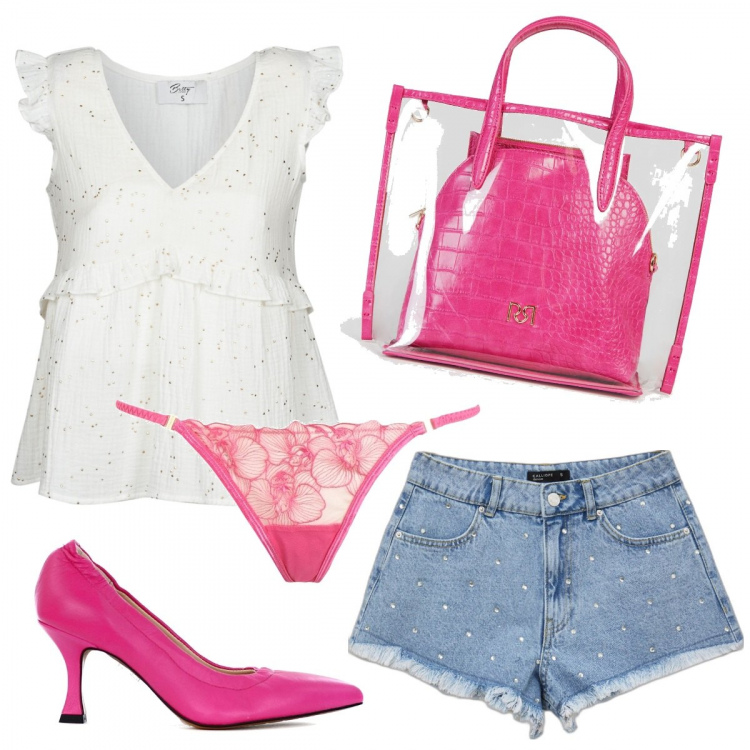 Outfit donna - Peperina in rosa shocking. Stile Trendy per Tutti i giorni. Abbinamento con décolleté, camicie, shorts, shopping bag, perizomi.