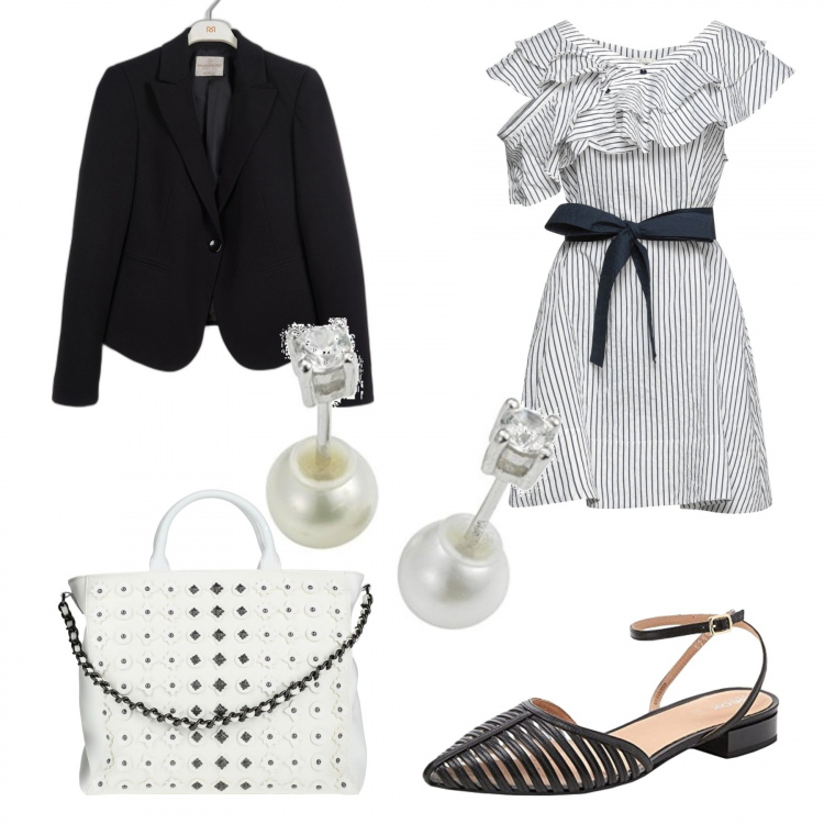 Outfit donna - Bon ton bianco e nero. Stile Bon Ton per Serata fuori. Abbinamento con vestiti corti, borse a mano, blazer, ballerine, orecchini.