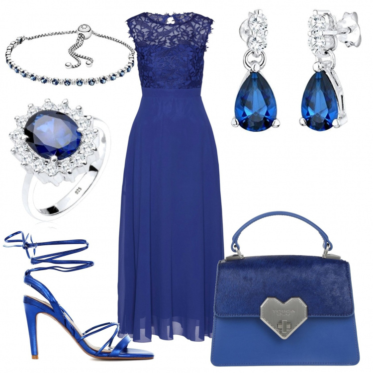 Outfit donna - Vestito lungo bluette con accessori blu. Stile Chic per Cerimonia. Abbinamento con vestiti lunghi, borse a mano, sandali in pelle, anelli, braccialetti, orecchini.
