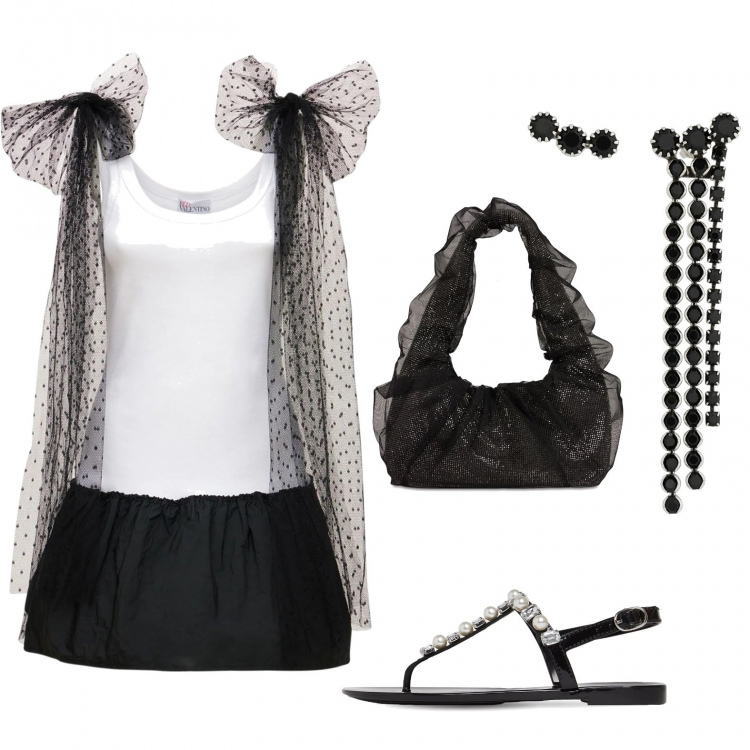Outfit donna - Tulle (vegan ok). Stile Trendy per Serata fuori. Abbinamento con vestiti, sandali gioiello, orecchini, borse a spalla.