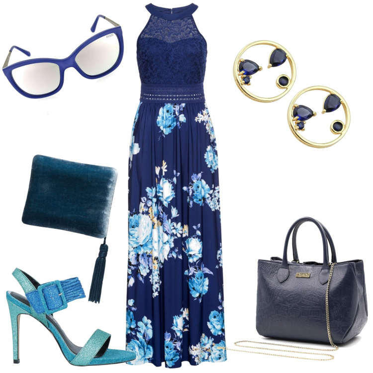Outfit donna - Cerimonia con borsa porta cambio.. Stile Chic per Cerimonia. Abbinamento con vestiti lunghi, sandali in pelle, orecchini, occhiali da sole, borse a mano, clutch.