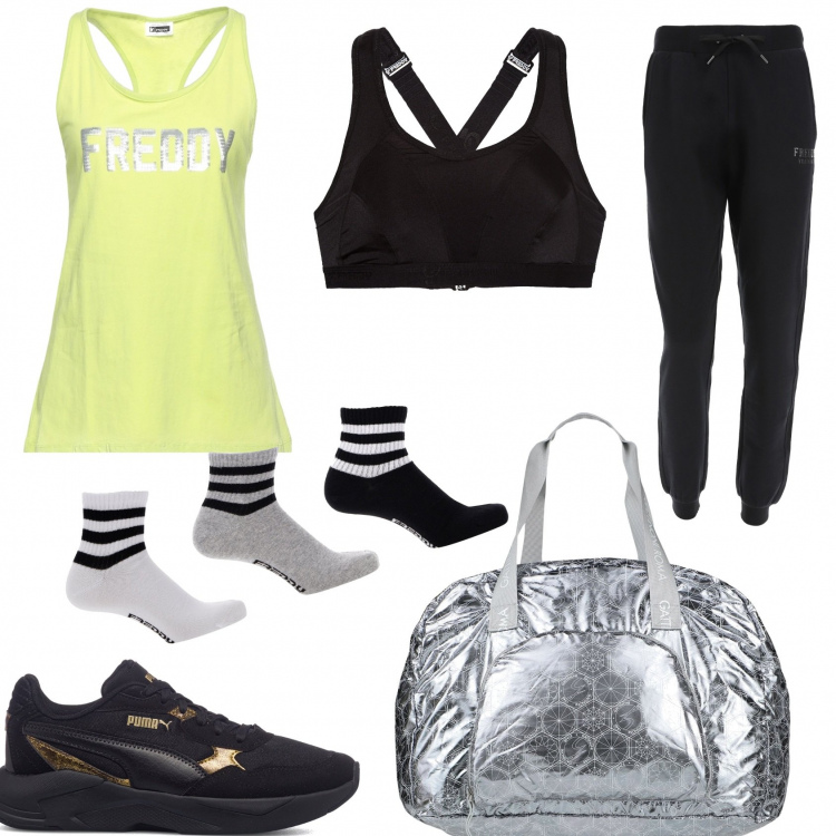 Outfit donna - Sportiva con pantalone nero. Stile Sporty chic per Sport. Abbinamento con borse sportive, canottiere, reggiseni, pantaloni, calzini, sneakers.