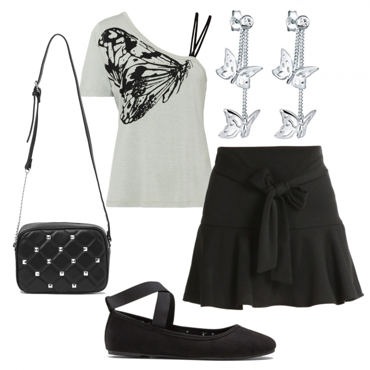 Outfit donna - Romantica #2623. Stile Romantica per Tutti i giorni. Abbinamento con ballerine, top, minigonne, borse a tracolla, orecchini.
