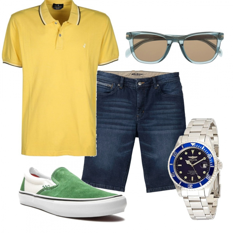 Outfit uomo - #picnic. Stile Casual per Tutti i giorni. Abbinamento con bermuda, polo, occhiali da sole, sneakers, orologi.