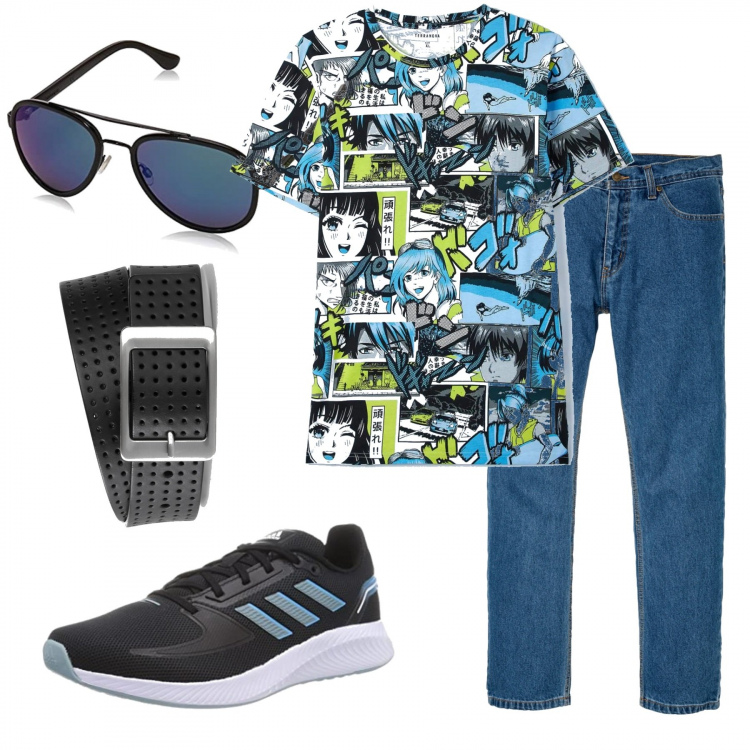 Outfit uomo - La shirt-fumetto. Stile Casual per Tutti i giorni. Abbinamento con jeans dritti, cinture, t-shirt, occhiali da sole, sneakers.