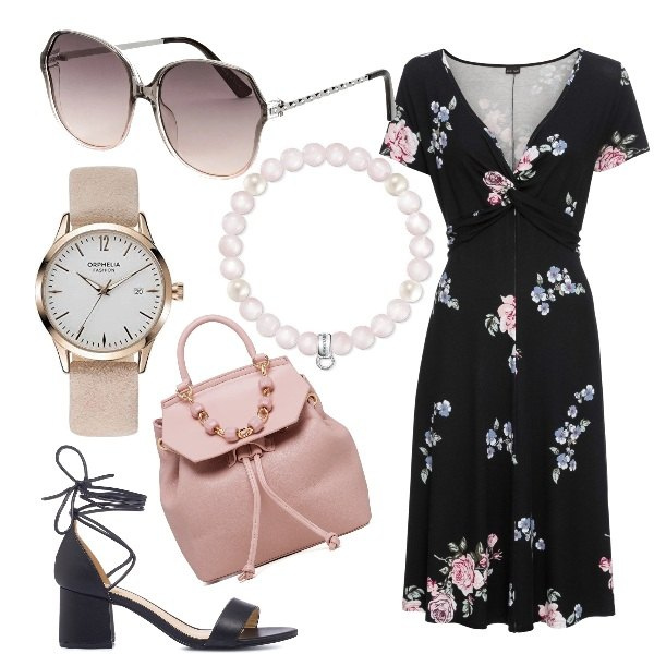 Outfit donna - In ufficio d\'estate. Stile Bon Ton per Ufficio. Abbinamento con vestiti lunghi, occhiali da sole, sandali in pelle, zaini, orologi, braccialetti.