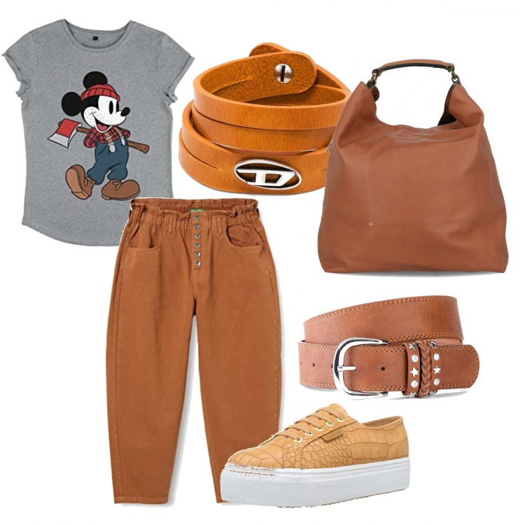 Outfit donna - Elegante con topolino. Stile Casual chic per Tutti i giorni. Abbinamento con cinture, borse a mano, braccialetti, sneakers, pantaloni, t-shirt.