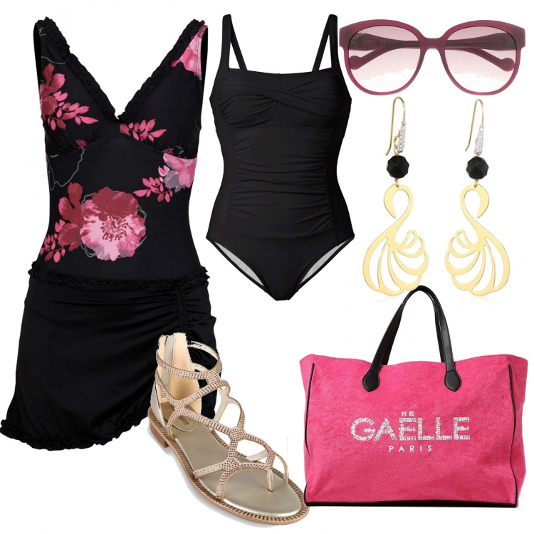 Outfit donna - Portami al mare.... Stile Glamour per Mare. Abbinamento con vestiti da spiaggia, costumi interi, infradito, shopping bag, occhiali da sole, orecchini.
