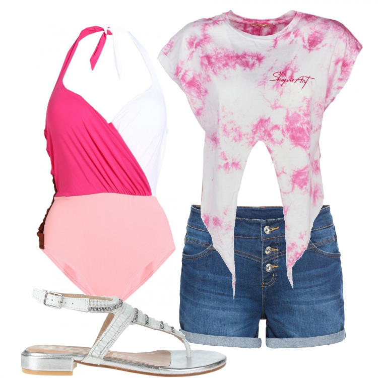 Outfit donna - Look vacanziero. Stile Casual per Mare. Abbinamento con shorts, infradito, costumi interi, t-shirt.