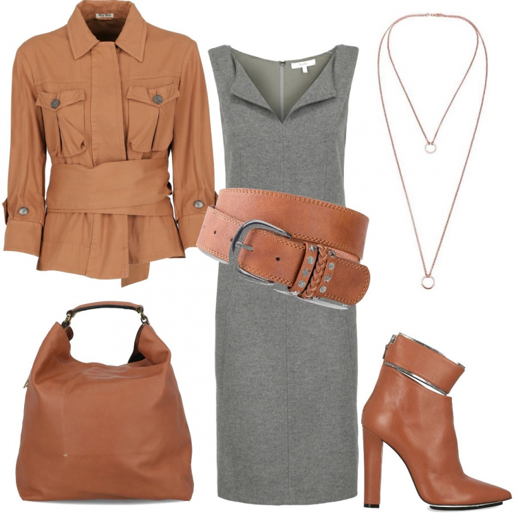 Outfit donna - Solo con grigio e marrone. Stile Casual chic per Serata fuori. Abbinamento con cinture, vestiti senza maniche, stivaletti, blazer, borse a mano, collane.