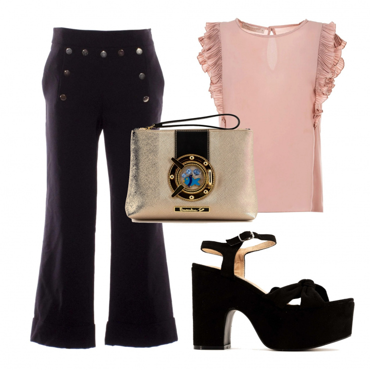 Outfit donna - Basic #5471. Stile Basic per Ufficio. Abbinamento con bluse, pantaloni capri, pochette, décolleté.
