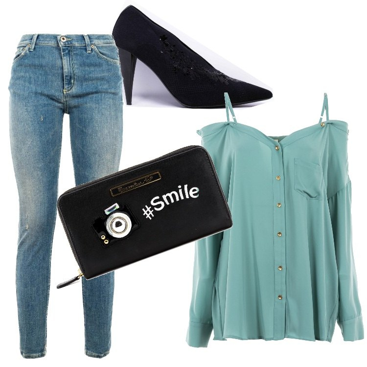Outfit donna - Vado a comprare il pane. Stile Urban per Tutti i giorni. Abbinamento con camicie, jeans, portafogli, décolleté.