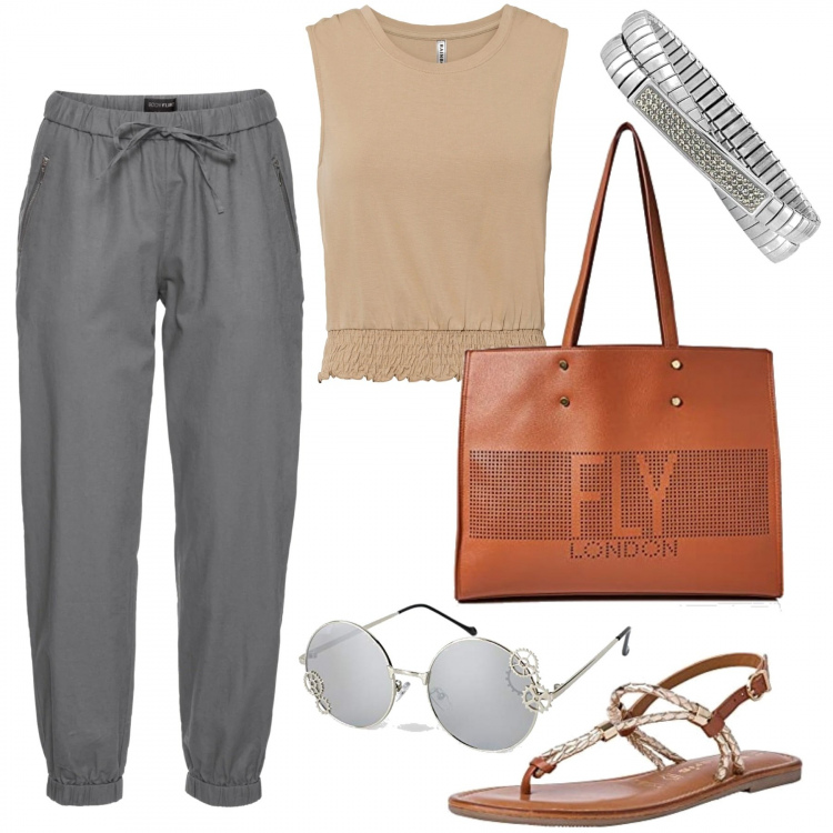 Outfit donna - Variazioni di grigio e marrone. Stile Casual chic per Tutti i giorni. Abbinamento con pantaloni, top, borse a mano, sandali col tacco, occhiali da sole, braccialetti.