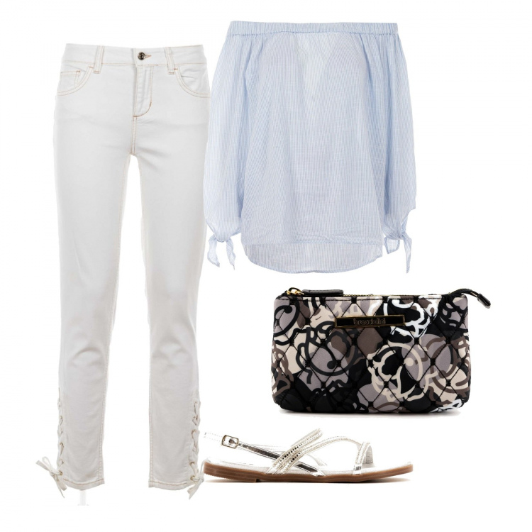 Outfit donna - Al lavoro Off-Market Summer Vibes. Stile Casual chic per Ufficio. Abbinamento con bluse, jeans, pochette, infradito.