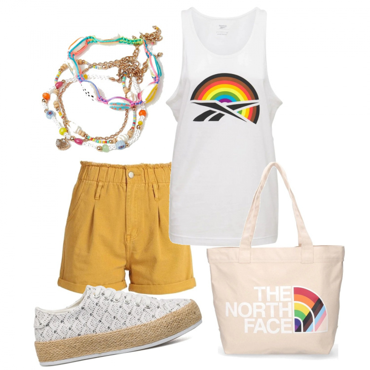 Outfit donna - PittaRosso Summer. Stile Trendy per Tutti i giorni. Abbinamento con shorts, braccialetti, sneakers, shopping bag, canottiere.