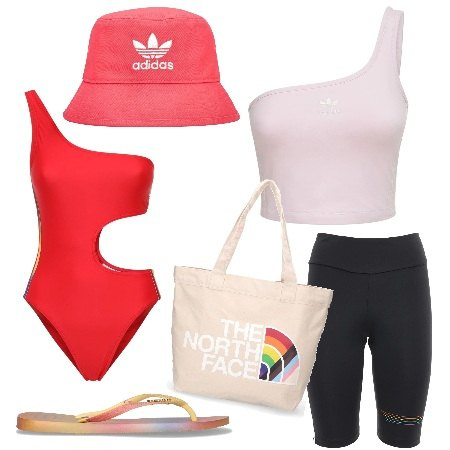 Outfit donna - Luisaviaroma Summer Vibes. Stile Casual chic per Tutti i giorni. Abbinamento con costumi interi, shorts, shopping bag, top, cappelli, infradito.