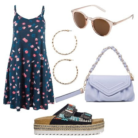 Outfit donna - PittaRosso Summer Vibes. Stile Glamour per Tutti i giorni. Abbinamento con vestiti, orecchini, occhiali da sole, sandali gioiello, clutch.