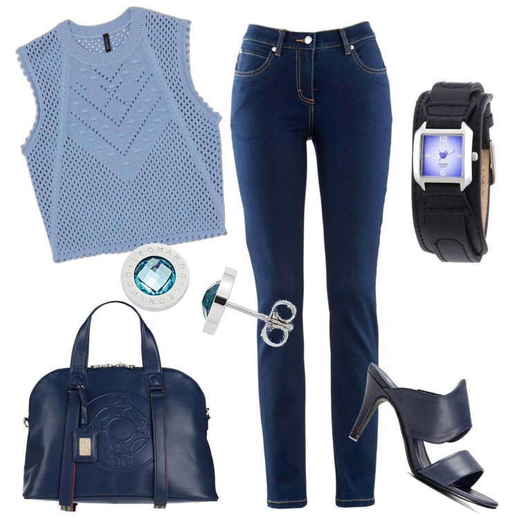 Outfit donna - Passo da te. Stile Casual chic per Tutti i giorni. Abbinamento con jeans dritti, pantofole, borse a mano, canottiere, orologi, orecchini.