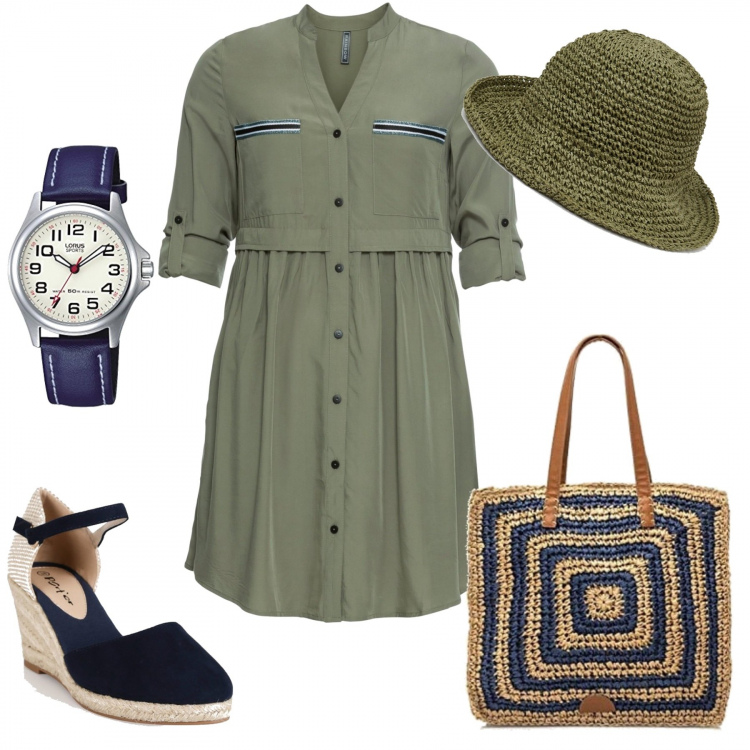 Outfit donna - Turista allegra. Stile Casual per Mare. Abbinamento con vestiti chemisier, sandali in pelle, cappelli con visiera, shopping bag, orologi analogici.
