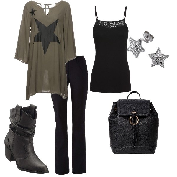 Outfit donna - Rock #2243. Stile Rock per Tutti i giorni. Abbinamento con pantaloni, stivaletti texani, top con paillettes e spalline jersey nero, zaino con anello nero, tunica con stampa in viscosa, orecchini a perno in sterling 925 argento.