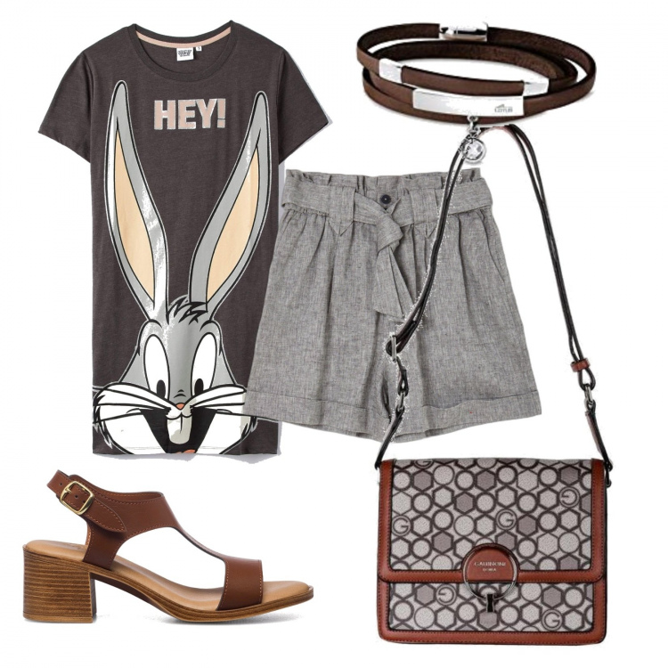 Outfit donna - Grigio e marrone. Stile Urban per Tutti i giorni. Abbinamento con borse a tracolla, bermuda, sandali in pelle, t-shirt, braccialetti.