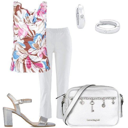 Outfit donna - Pantalone bianco blusa fiorata. Stile Casual chic per Tutti i giorni. Abbinamento con pantaloni, top, borse a tracolla, sandali in pelle, orecchini.