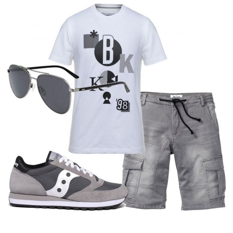Outfit uomo - Casual #11301. Stile Casual per Tutti i giorni. Abbinamento con bermuda, t-shirt, sneakers, occhiali da sole.